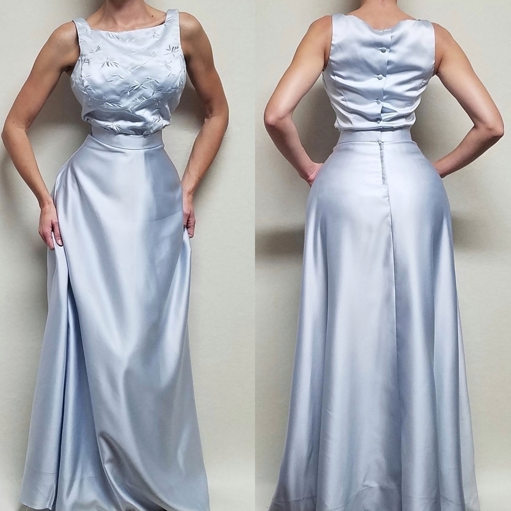 80s Vintage Crystal Blue Floral Embroidered Boatneck A-line Two-Piece Maxi Dress